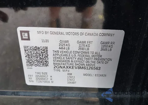 2021 Chevrolet Equinox Fwd Lt z USA, uszkodzony, nr VIN 2GNAXKEV8M6126563